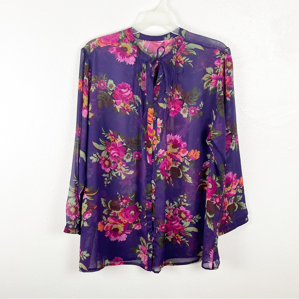WOMAN WITHIN Purple Sheer Floral Print Long Sleeves Button Top 2X Casual Mature